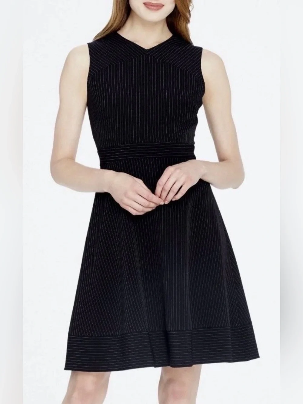 Tahari Arthur S. Levine Black Pinstripe Tailored Fit & Flare Dress Size 6